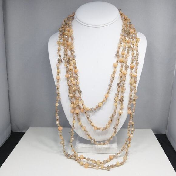 Chico's Peach Opalescence Crystal Bead Gold Thread Necklace, 27 Inches - Picture 8 of 8